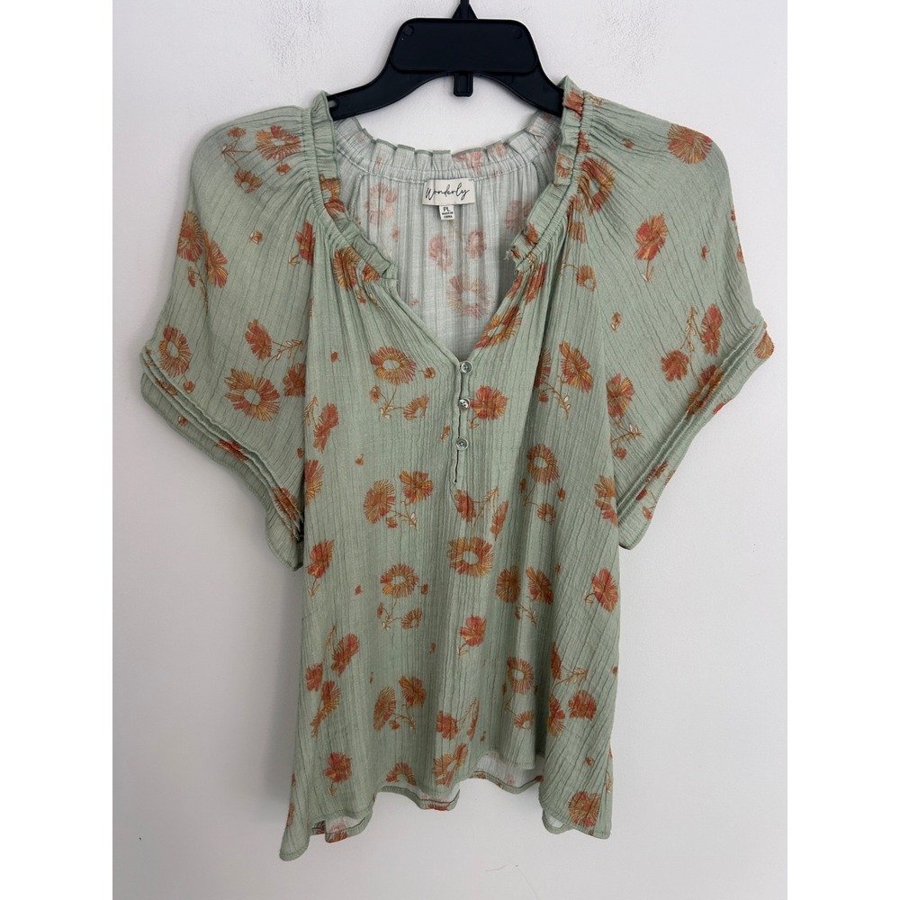 Wonderly Sage Green Floral Gauze Henley Blouse Short Flutter Sleeve Petite Large